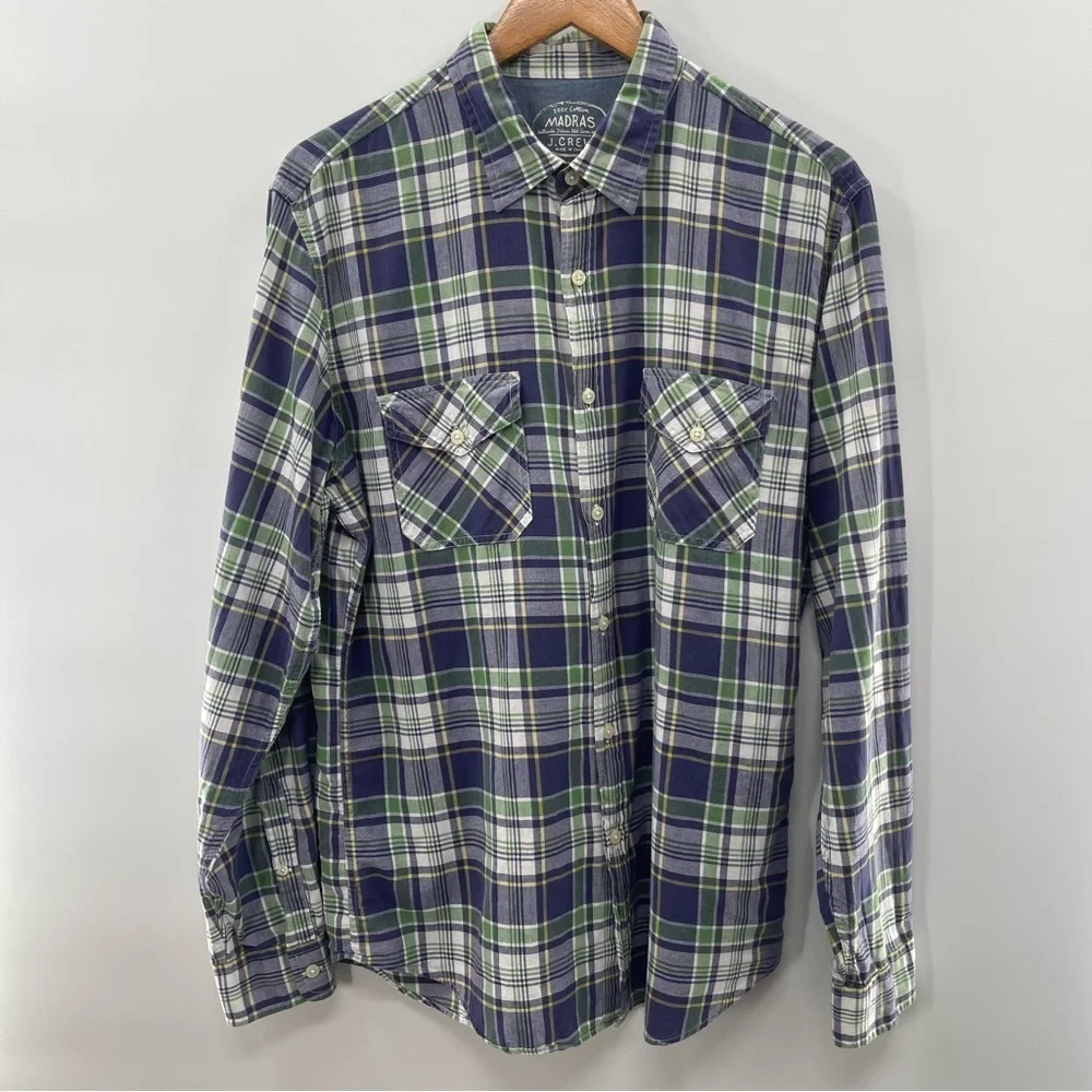 J. Crew Indian Madras Normcore Blue Green Plaid Button Up Grandpa Shirt Large